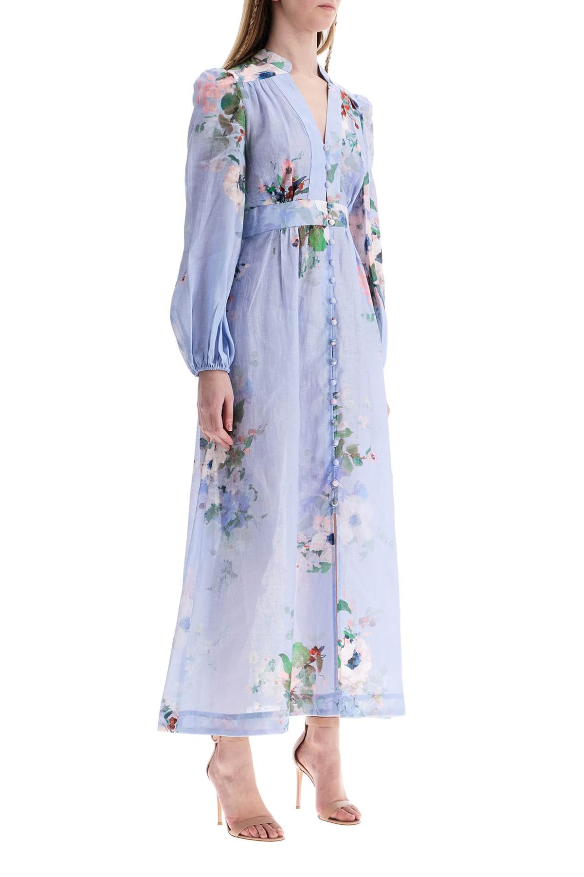 Zimmermann light blue watercolor floral midi dress with deep v neckline