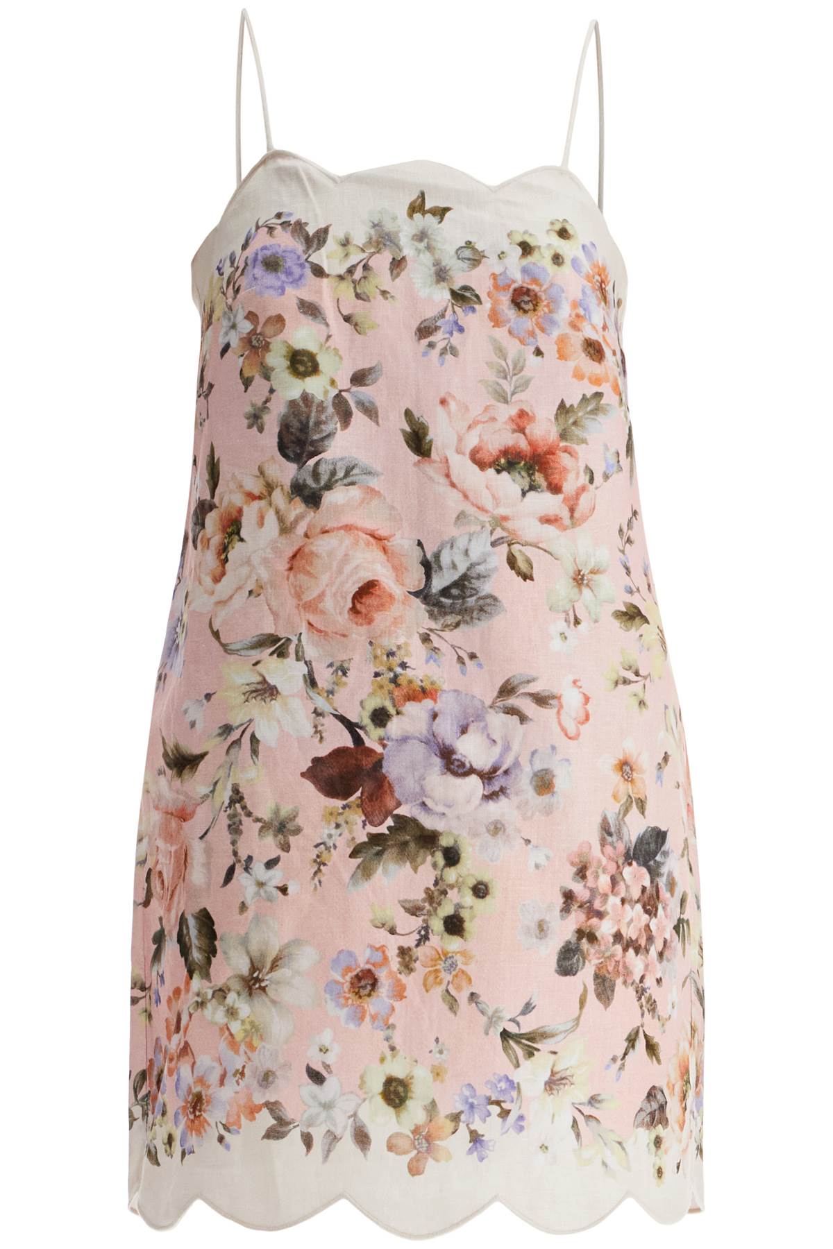 Zimmermann mini floral linen dress in pink with scallop neckline and sleeveless - VivaceVenus