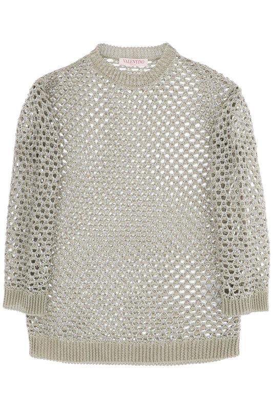 Valentino Garavani Replace With Double Quotemesh Knit Pullover With Sequins Embell   Green
