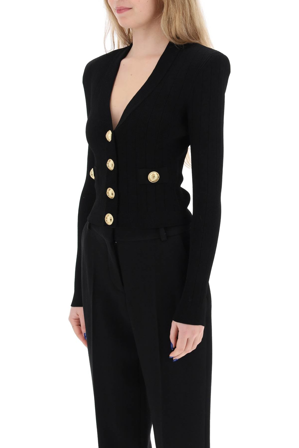 Balmain Cardigan With Padded Shoulders And Embossed Buttons   Black