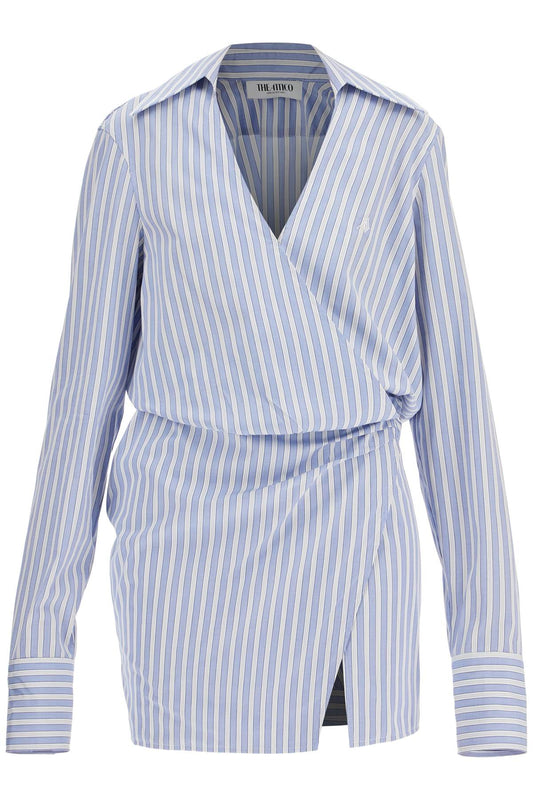 The Attico mini striped dress with v-neck*** long sleeves*** white and navy blue cotton*** tied waist - VivaceVenus