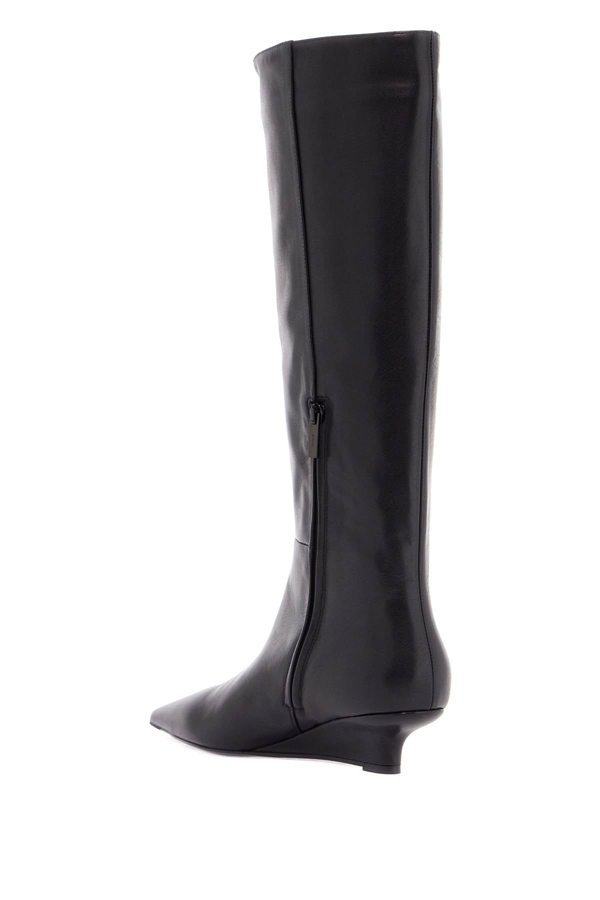 Toteme black leather knee-high boots with low heel and pointed toe - VivaceVenus