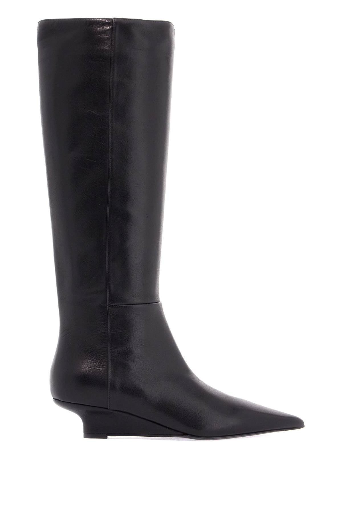 Toteme black leather knee-high boots with low heel and pointed toe - VivaceVenus