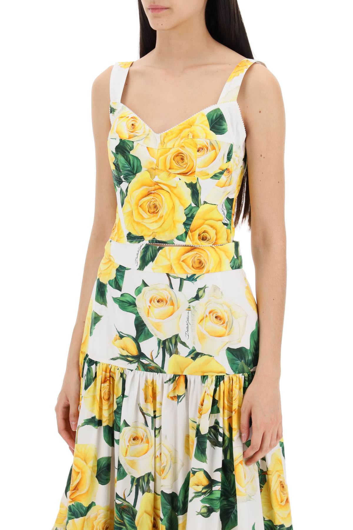 Dolce & Gabbana Cotton Bustier Top With Yellow Rose Print   Green