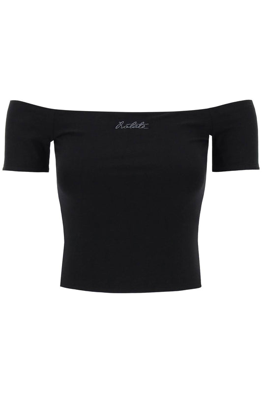 Rotate Off Shoulder T Shirt With Embroidered Lure   Black