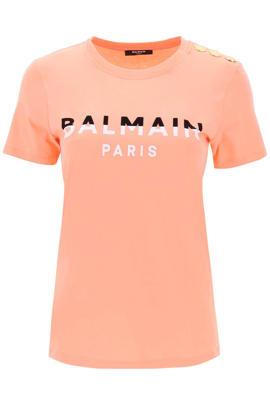 Balmain T Shirt With Flocked Print And Gold Tone Buttons   Rosa