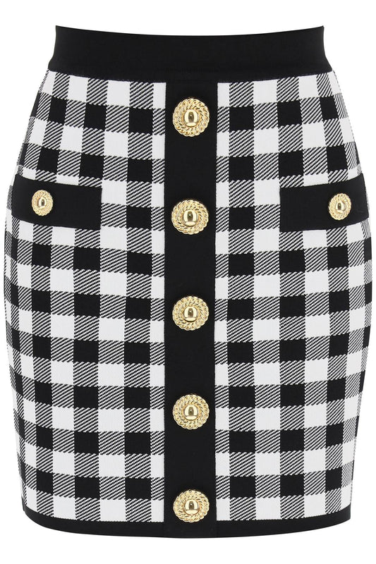 Balmain Gingham Knit Mini Skirt With Embossed Buttons   Bianco