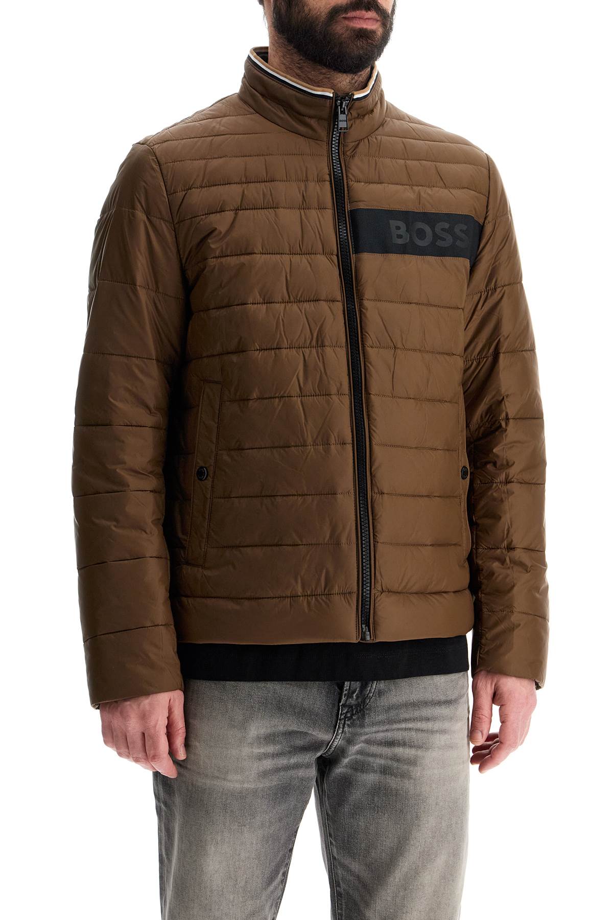 Boss green striped slim down jacket with high collar