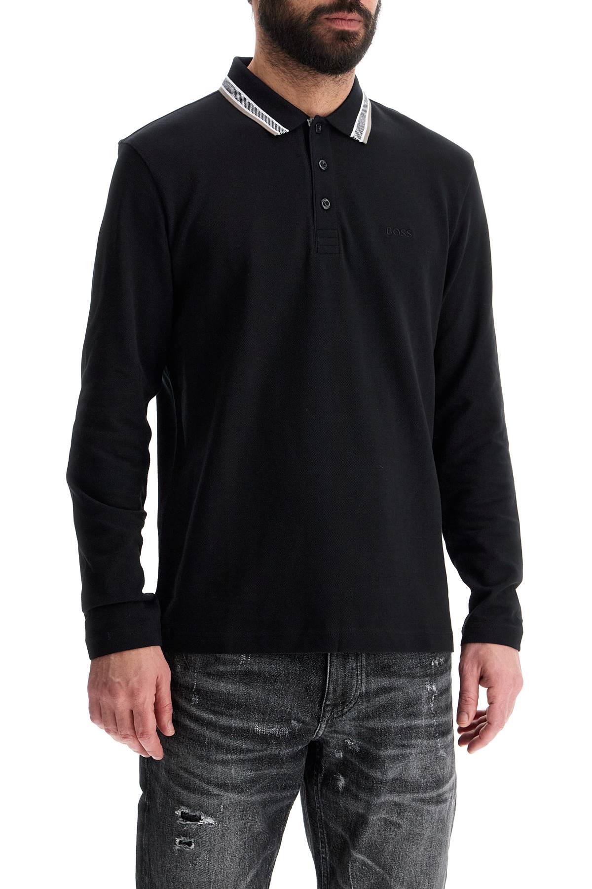 Boss men's long sleeve loose fit polo dark gray cotton