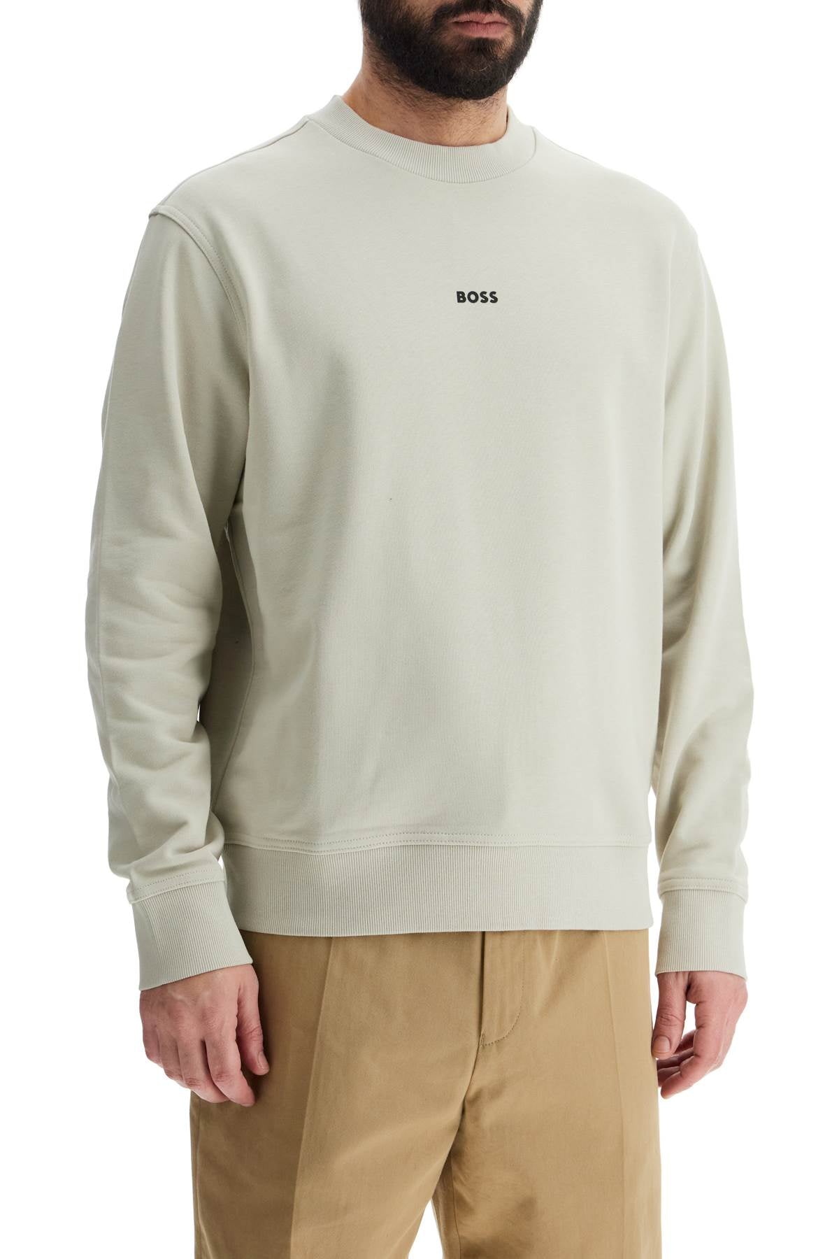 Boss men's light beige cotton sweatshirt with long sleeves and round neck regular fit