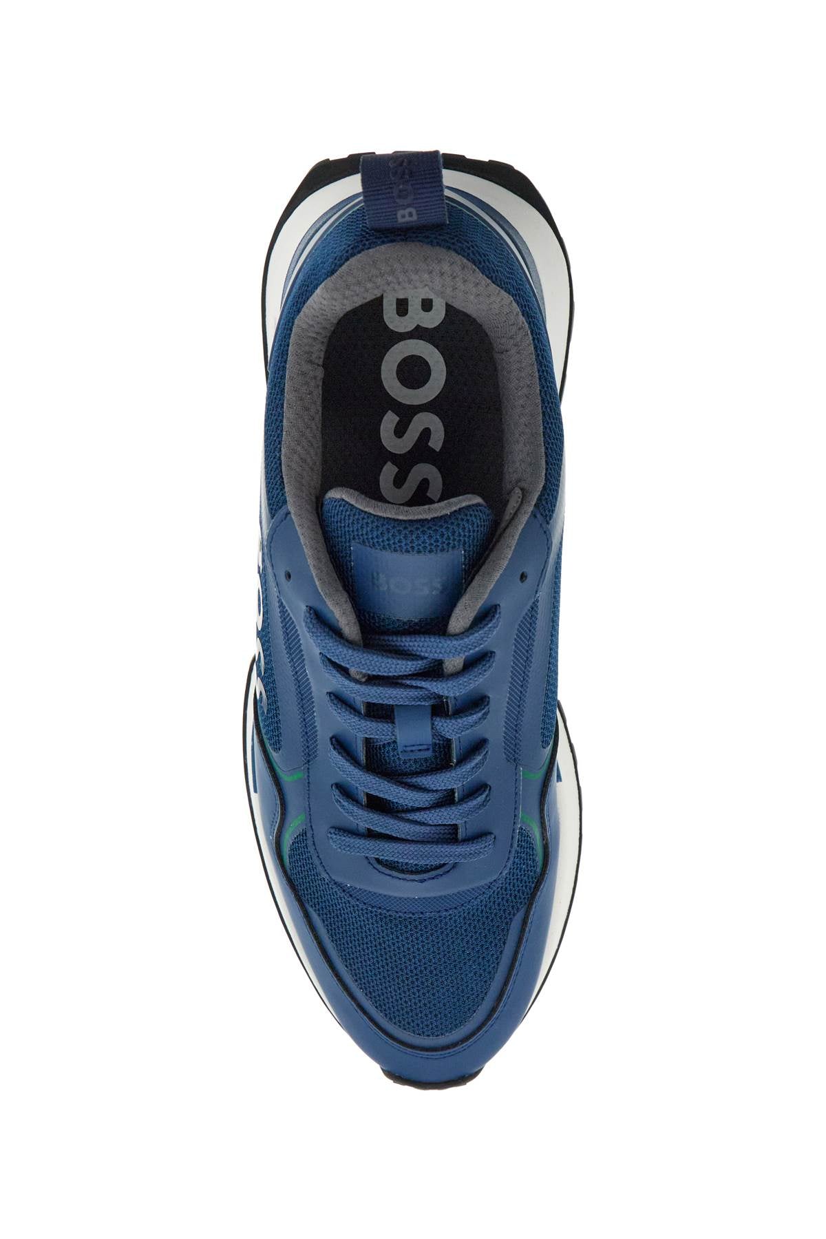 Boss breathable blue sneakers with green details and white sole