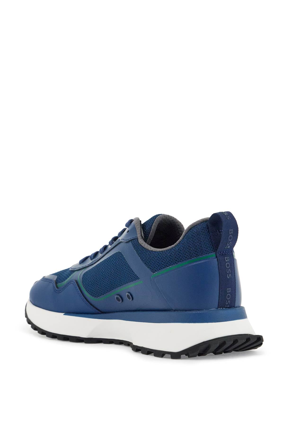 Boss breathable blue sneakers with green details and white sole