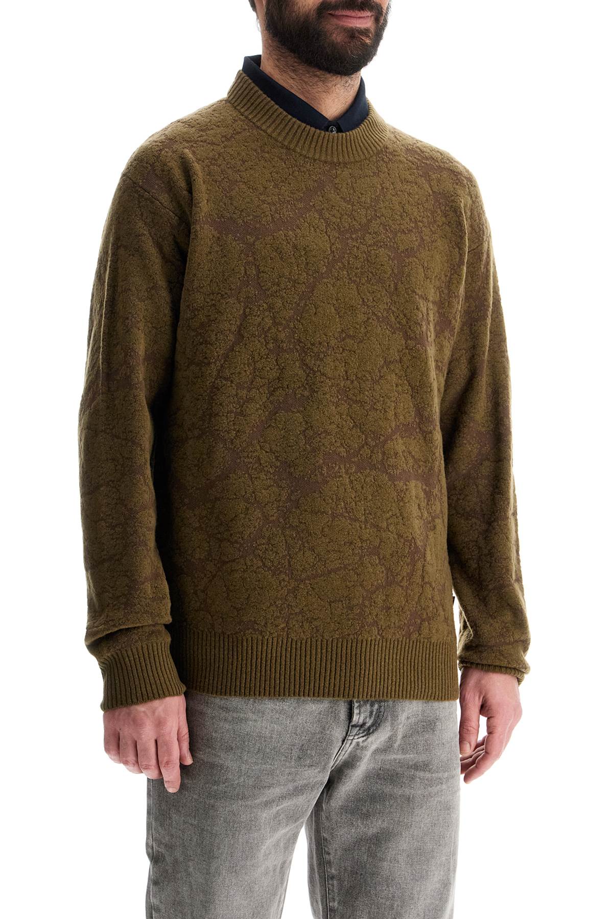 Boss olive green wool sweater with round neck for men