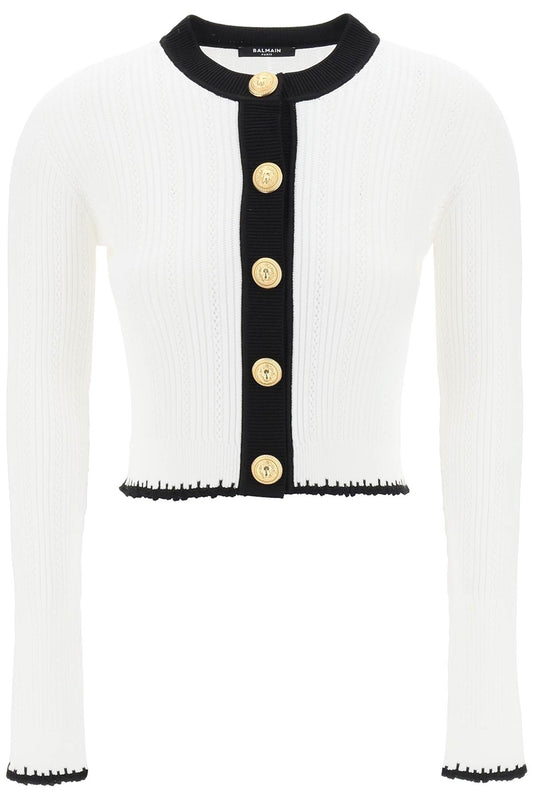 Balmain Bicolor Knit Cardigan With Embossed Buttons   White