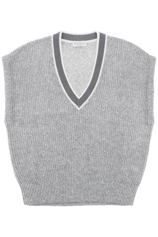 Brunello Cucinelli Linen Knit Top For Women   Grey