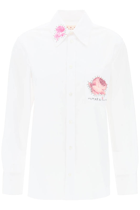 Marni Replace With Double Quoteshirt With Flower Print Patch And Embroidered Logo   White