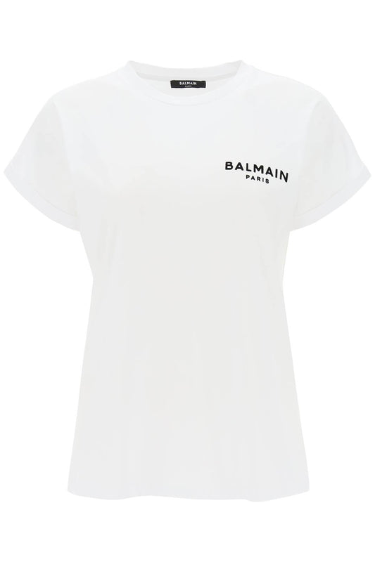Balmain T Shirt With Flocked Logo Print   Bianco