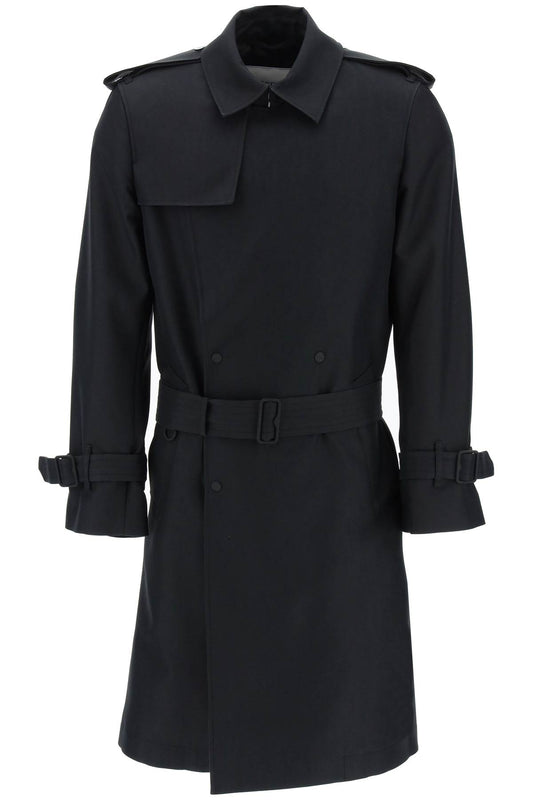 Burberry Double Breasted Silk Blend Trench Coat   Black