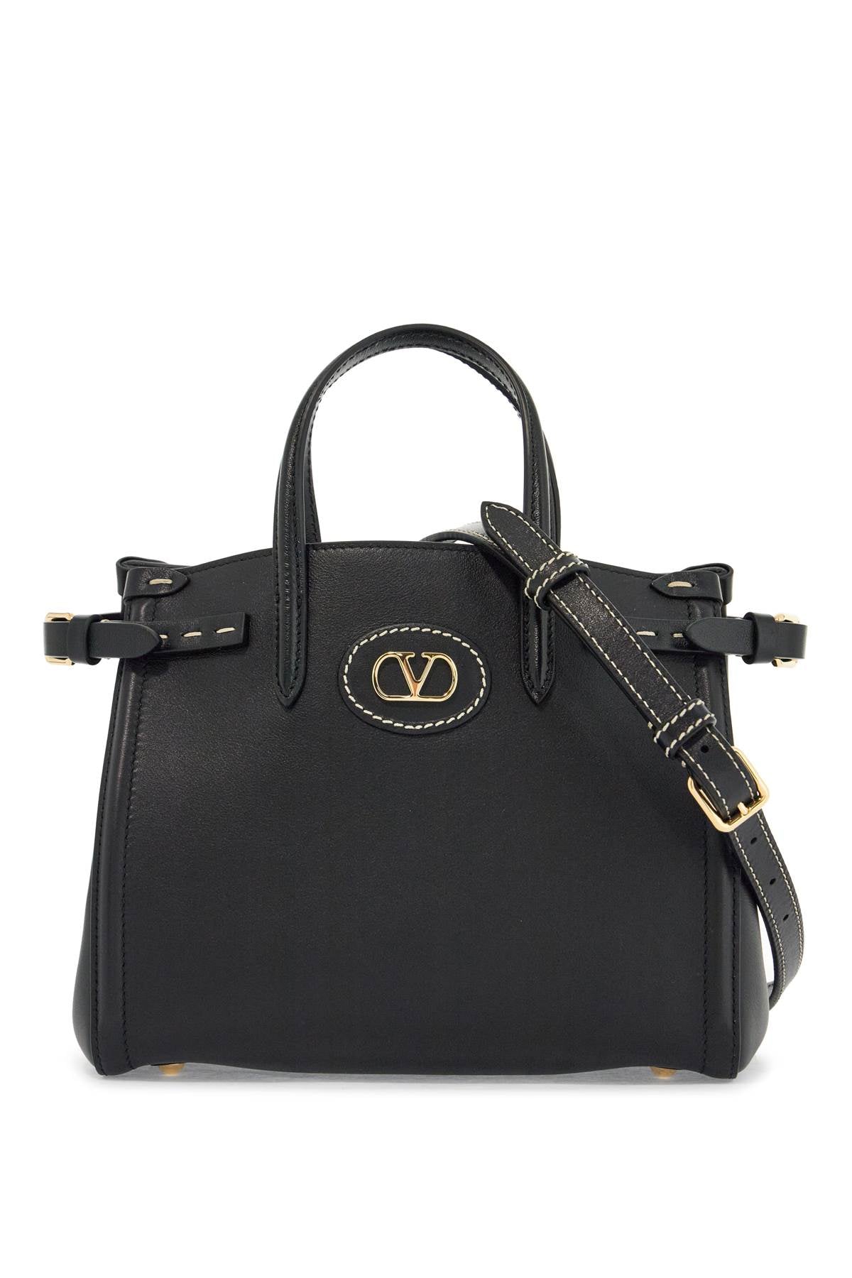 Valentino Garavani borsa tote piccola nera in pelle con logo oro - VivaceVenus