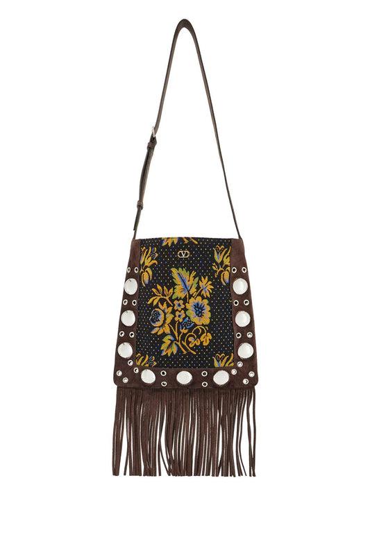 Valentino Garavani multicolored floral crossbody bag in dark brown with fringes