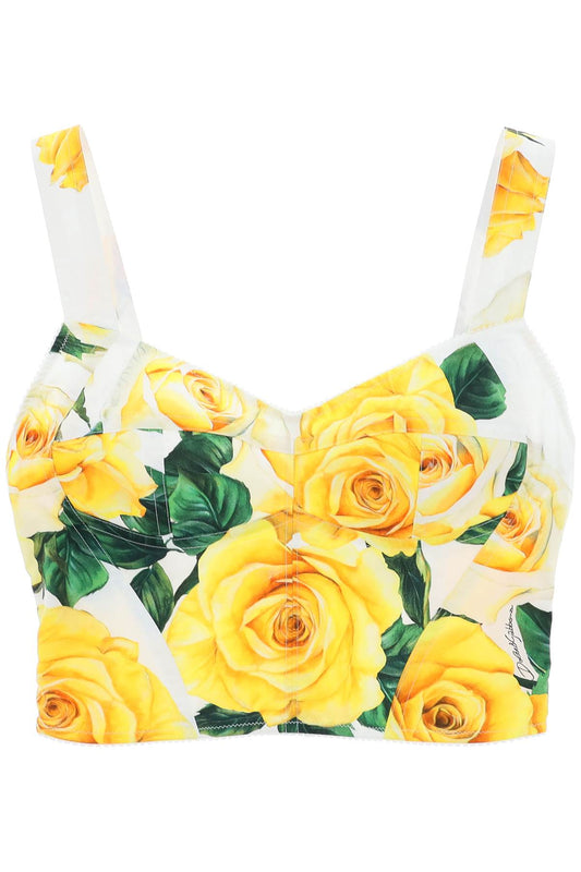 Dolce & Gabbana Cotton Bustier Top With Yellow Rose Print   Green
