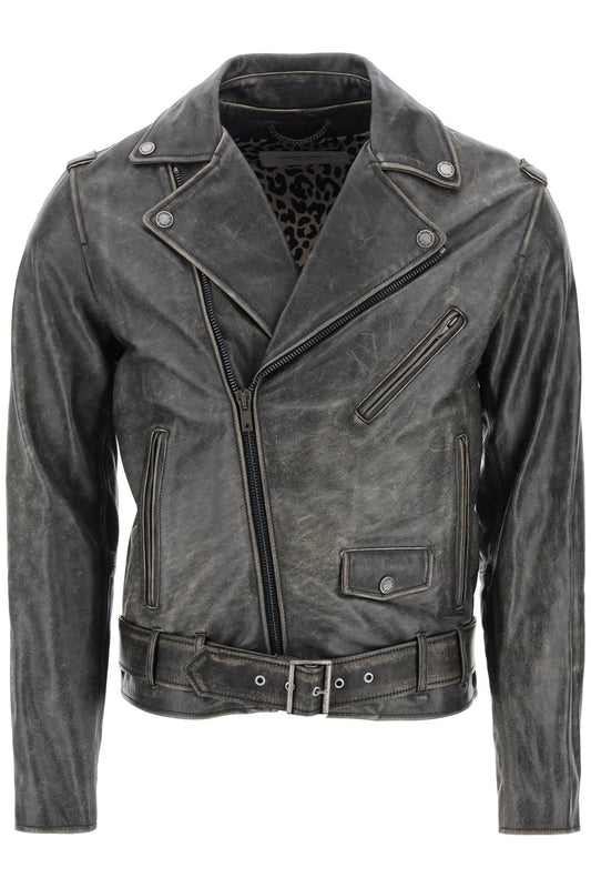 Golden Goose Vintage Effect Leather Biker Jacket   Black