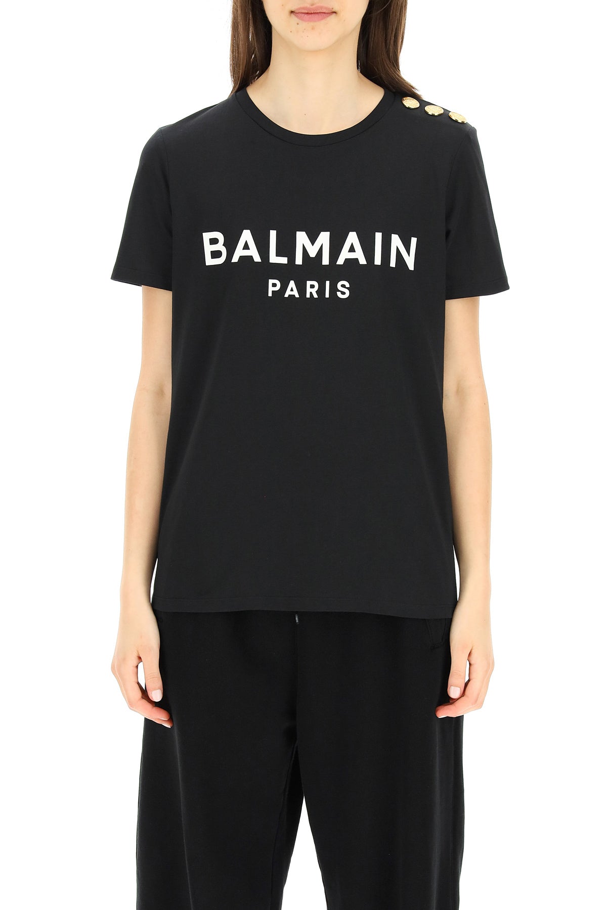 Balmain T Shirt With Logo Print And Embossed Buttons   Nero