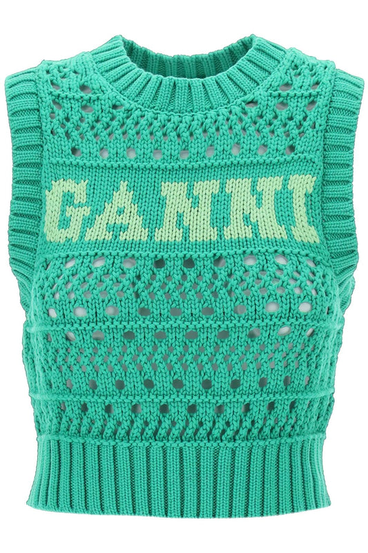Ganni Open Stitch Knitted Vest With Logo   Green