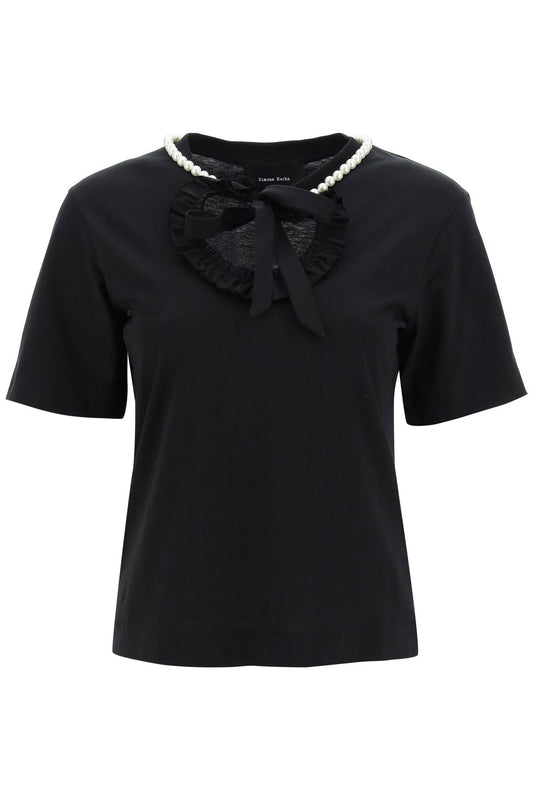 Simone Rocha T Shirt With Heart Shaped Cut Out And Pearls   Nero