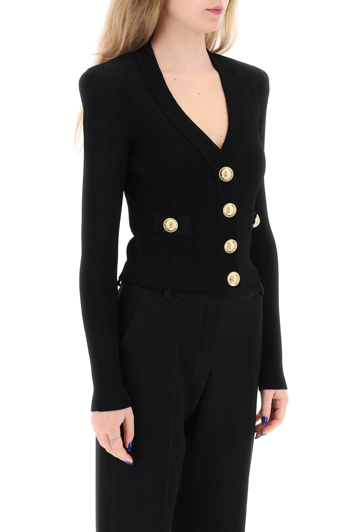 Balmain Cardigan With Padded Shoulders And Embossed Buttons   Black