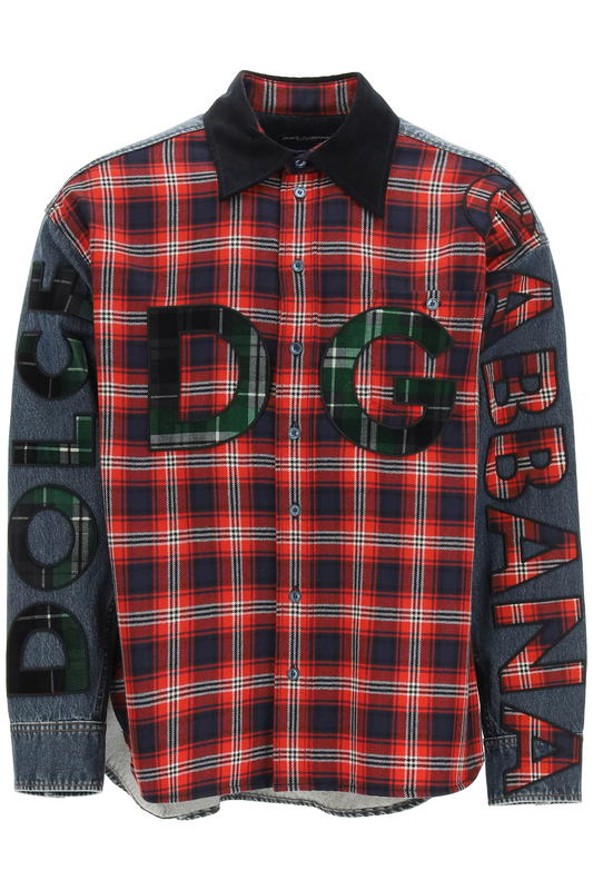 Dolce & Gabbana Oversized Denim And Flannel Shirt With Logo   Red