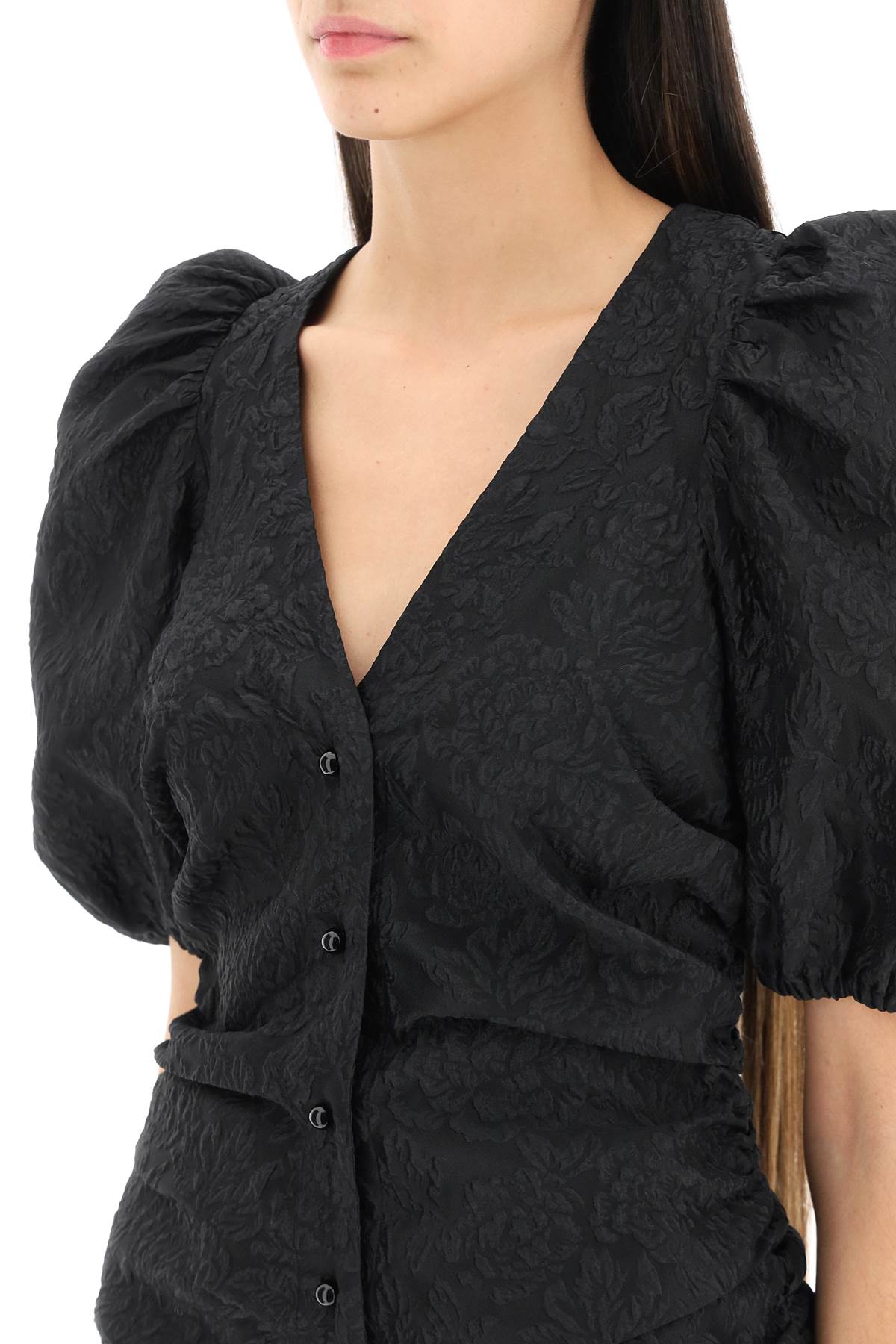 Ganni Jacquard Blouse With Puff Sleeves   Nero