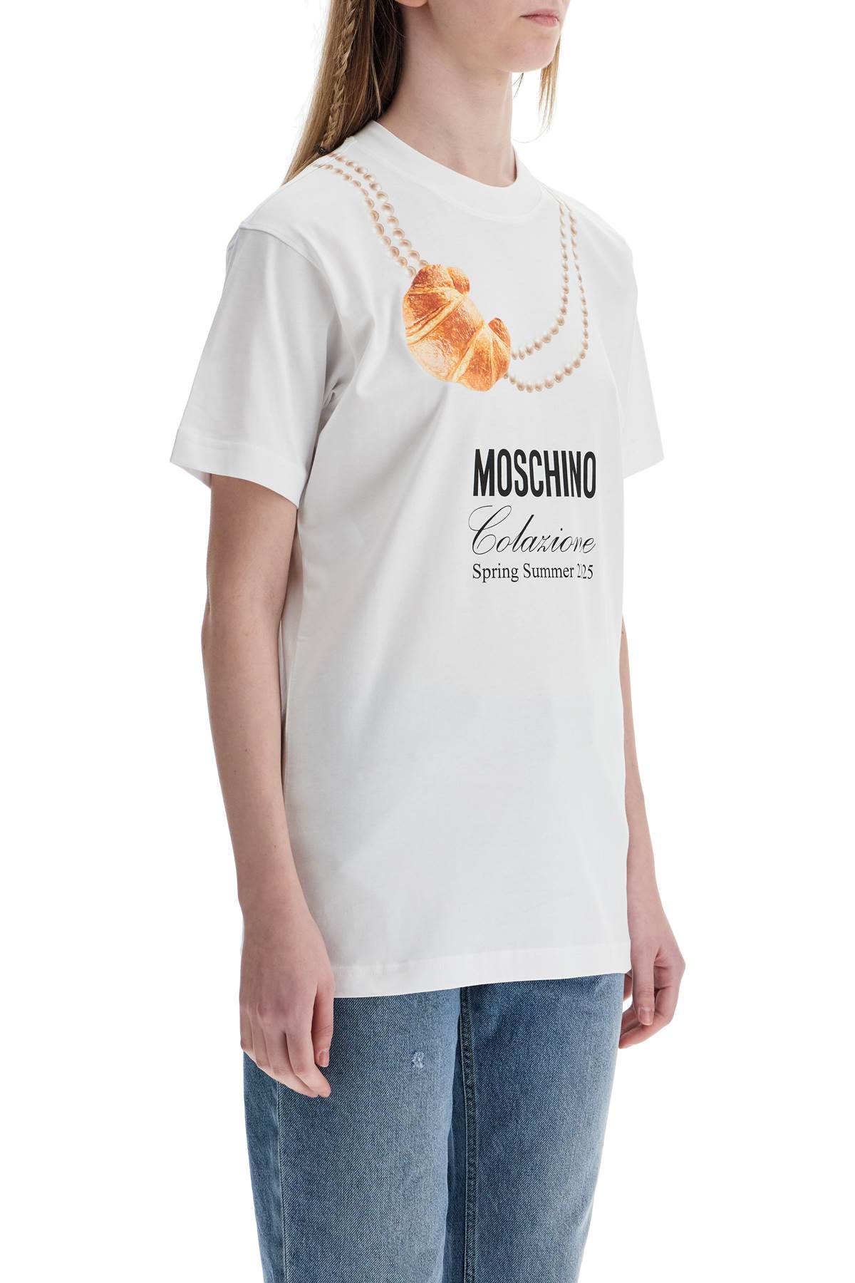 Moschino white cotton t-shirt with croissant and pearls print - VivaceVenus