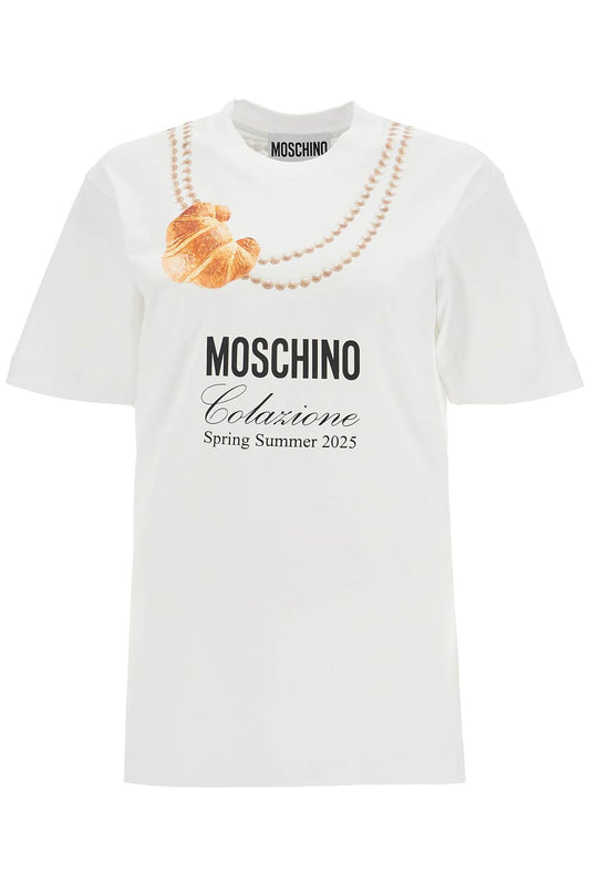 Moschino white cotton t-shirt with croissant and pearls print - VivaceVenus