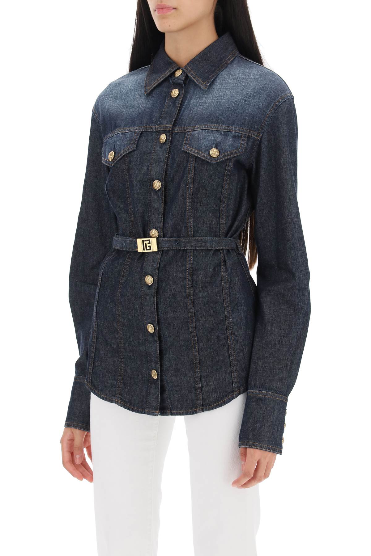 Balmain belted denim shirt