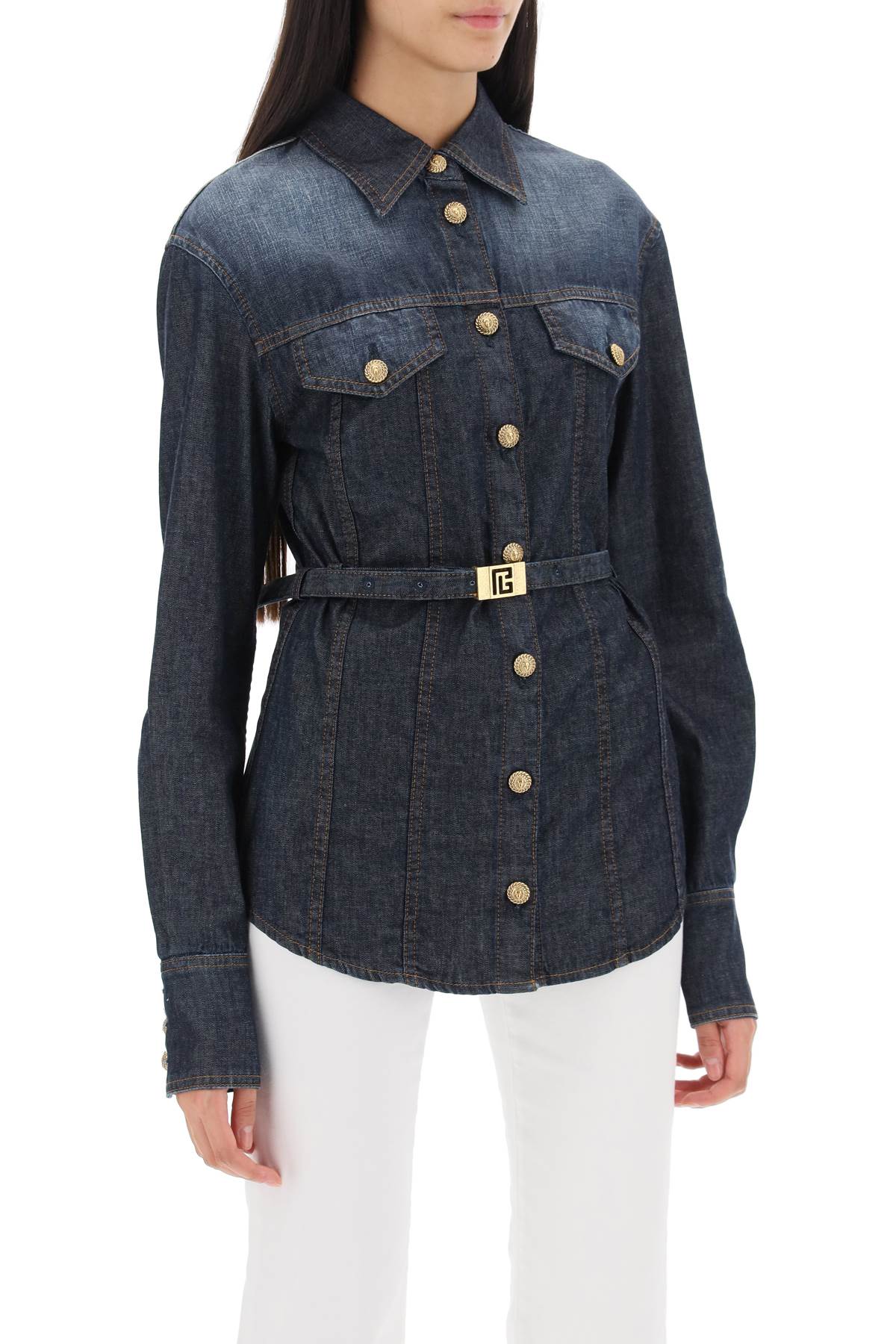 Balmain belted denim shirt