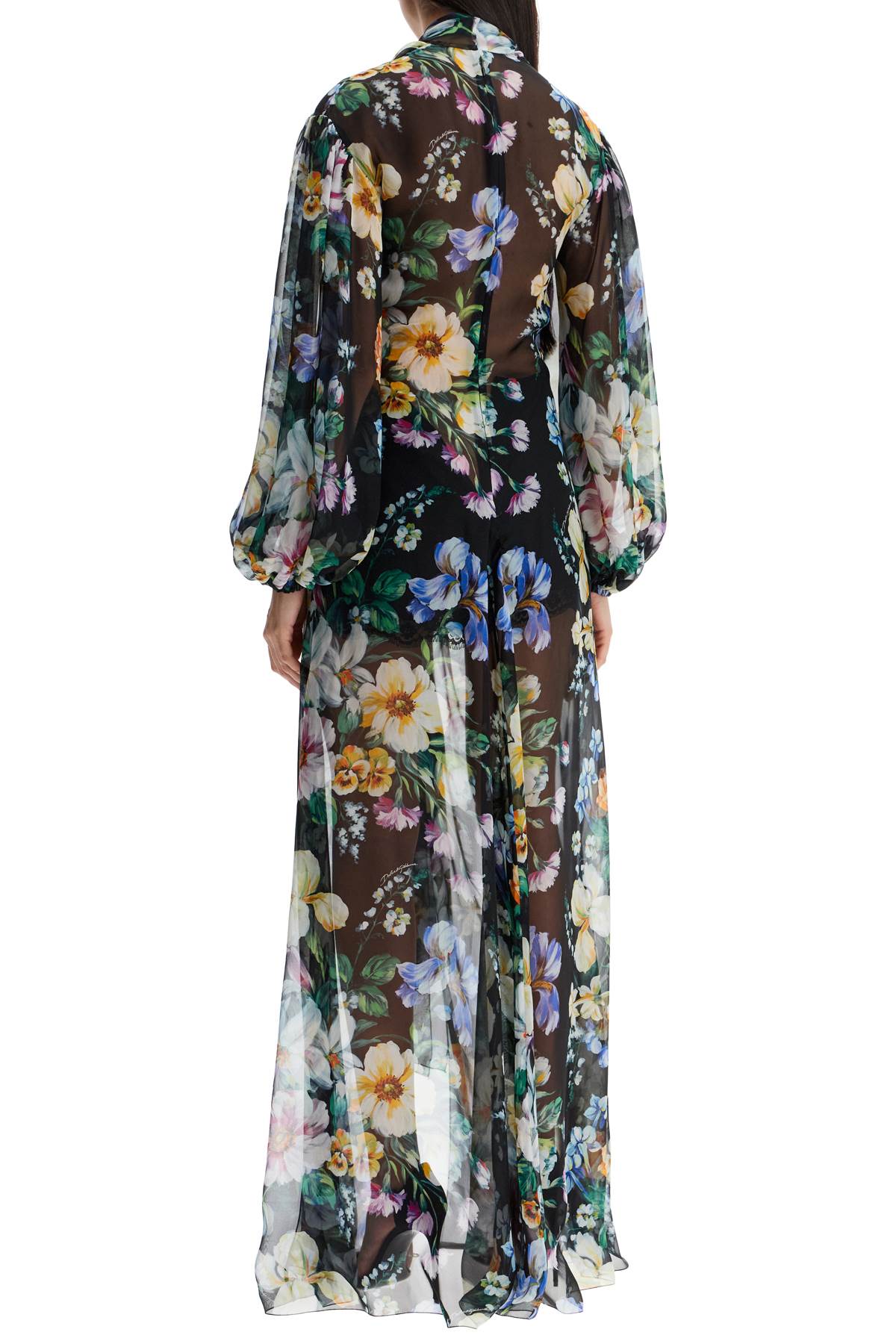 Dolce & Gabbana long black silk dress with floral pattern - VivaceVenus