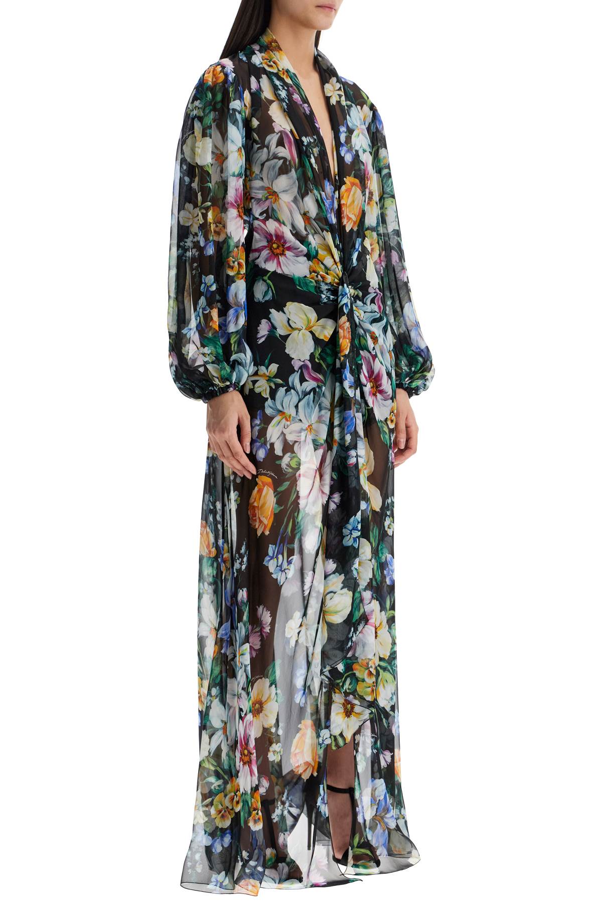 Dolce & Gabbana long black silk dress with floral pattern - VivaceVenus