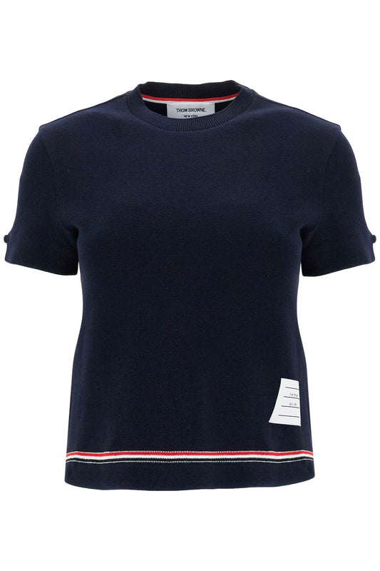 Thom Browne navy blue piqué cotton t-shirt with tricolor stripe