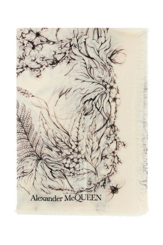 Alexander Mcqueen "wool Stole With Botanical Printreplace With Double Quote   White