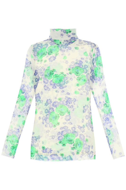 Ganni Long Sleeved Top In Mesh With Floral Pattern   Bianco