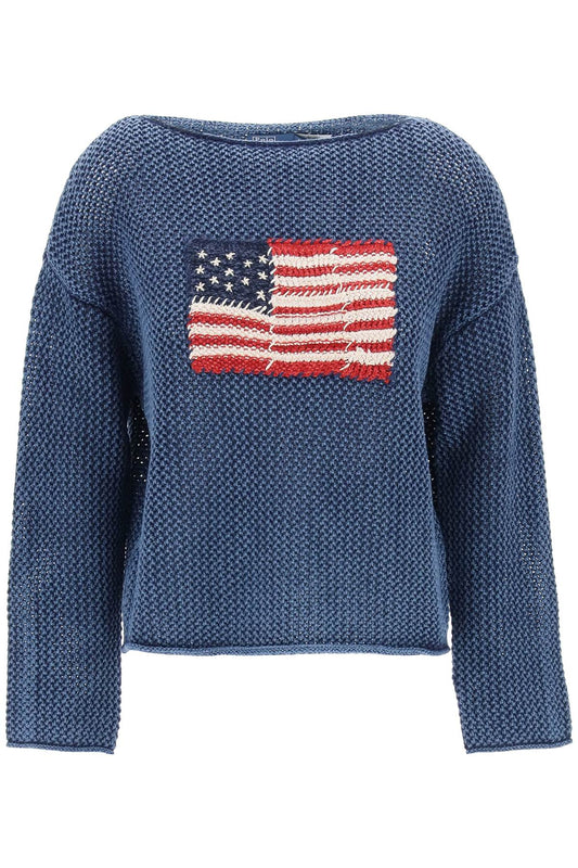 Polo Ralph Lauren Replace With Double Quotepointelle Knit Pullover With Embroidered Flag   Blue