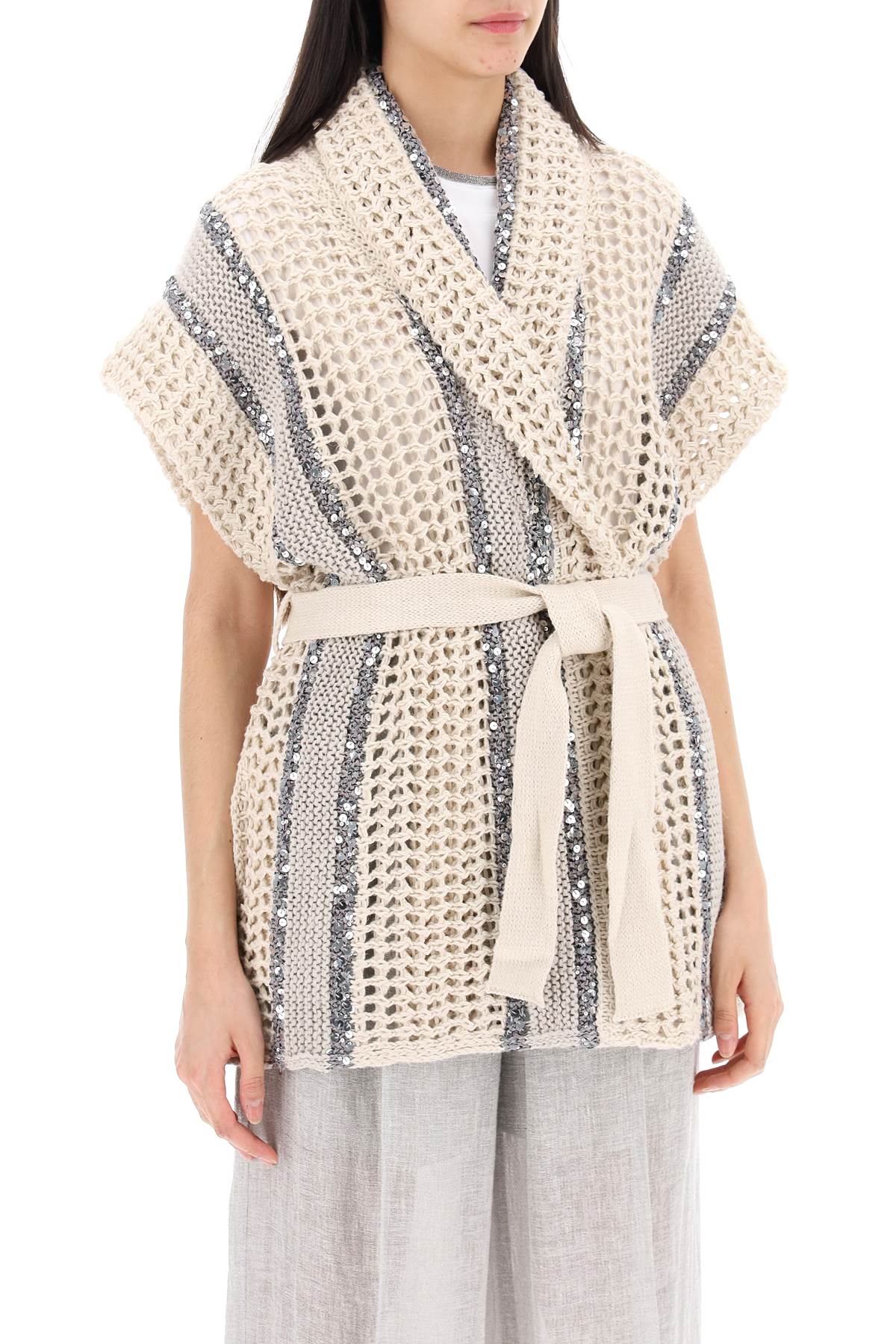 Brunello Cucinelli Replace With Double Quotedazzling Stripe Cardigan With   Neutral