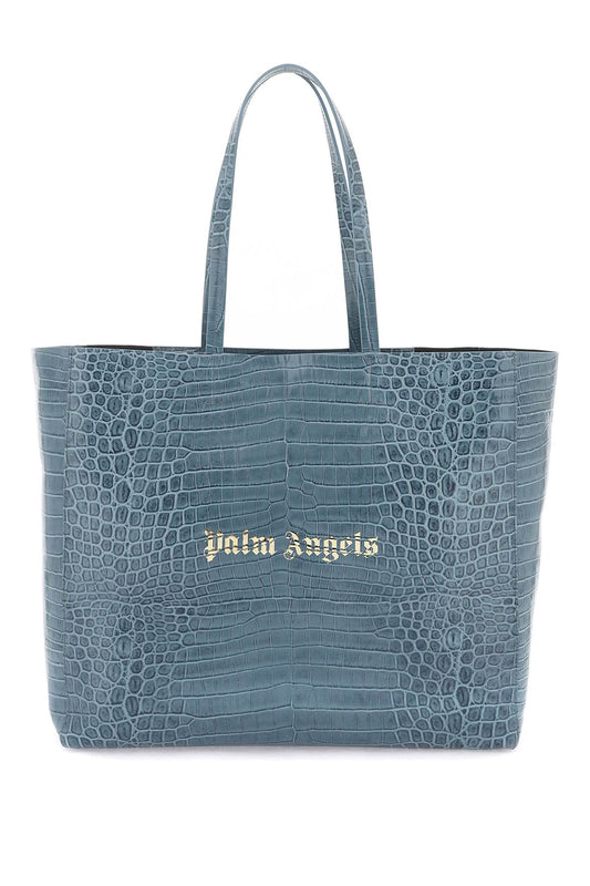 Palm Angels Croco Embossed Leather Shopping Bag   Celeste
