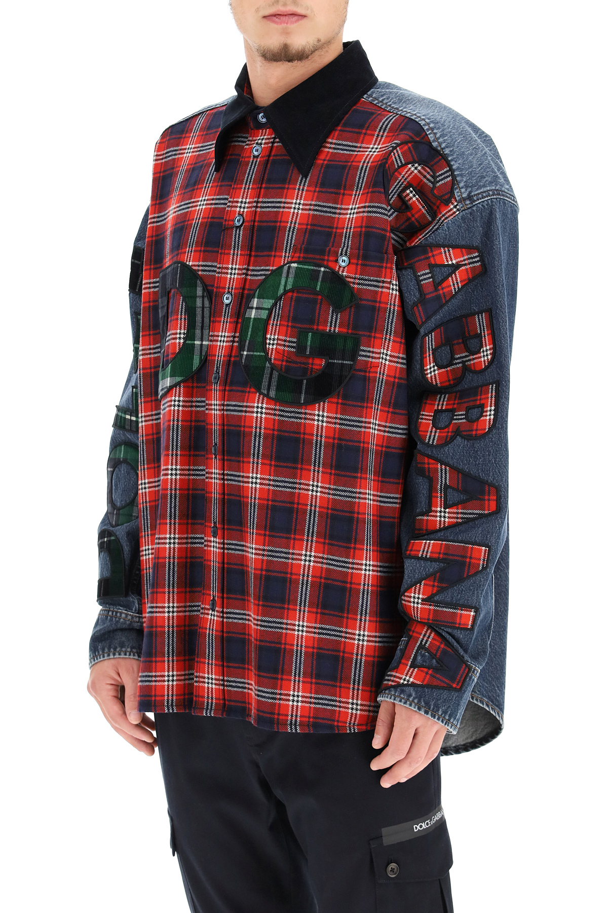 Dolce & Gabbana Oversized Denim And Flannel Shirt With Logo   Red