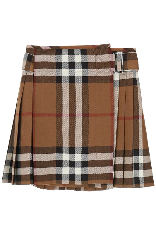 Burberry Exaggerated Check Pleated Wool Mini Skirt   Marrone