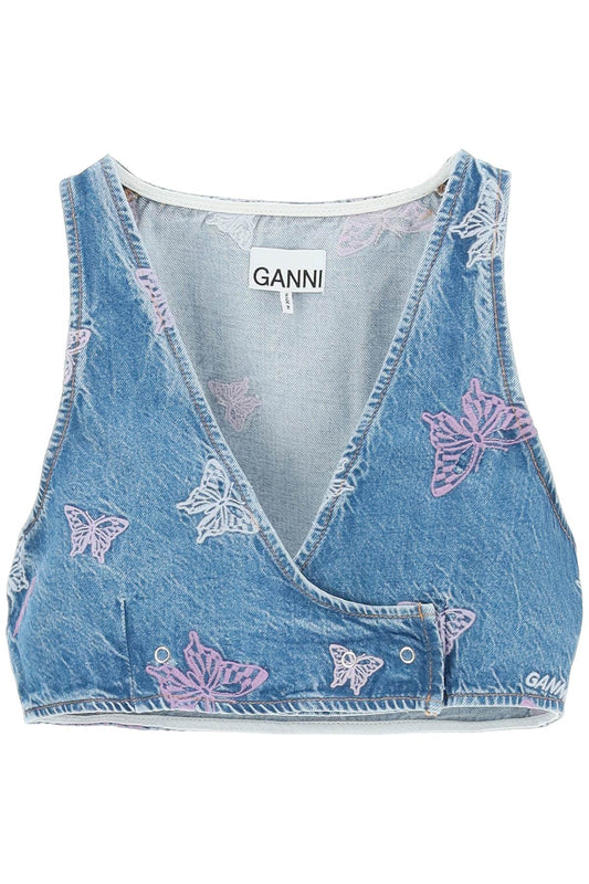 Ganni Butterfly Denim Cropped Top   Blu