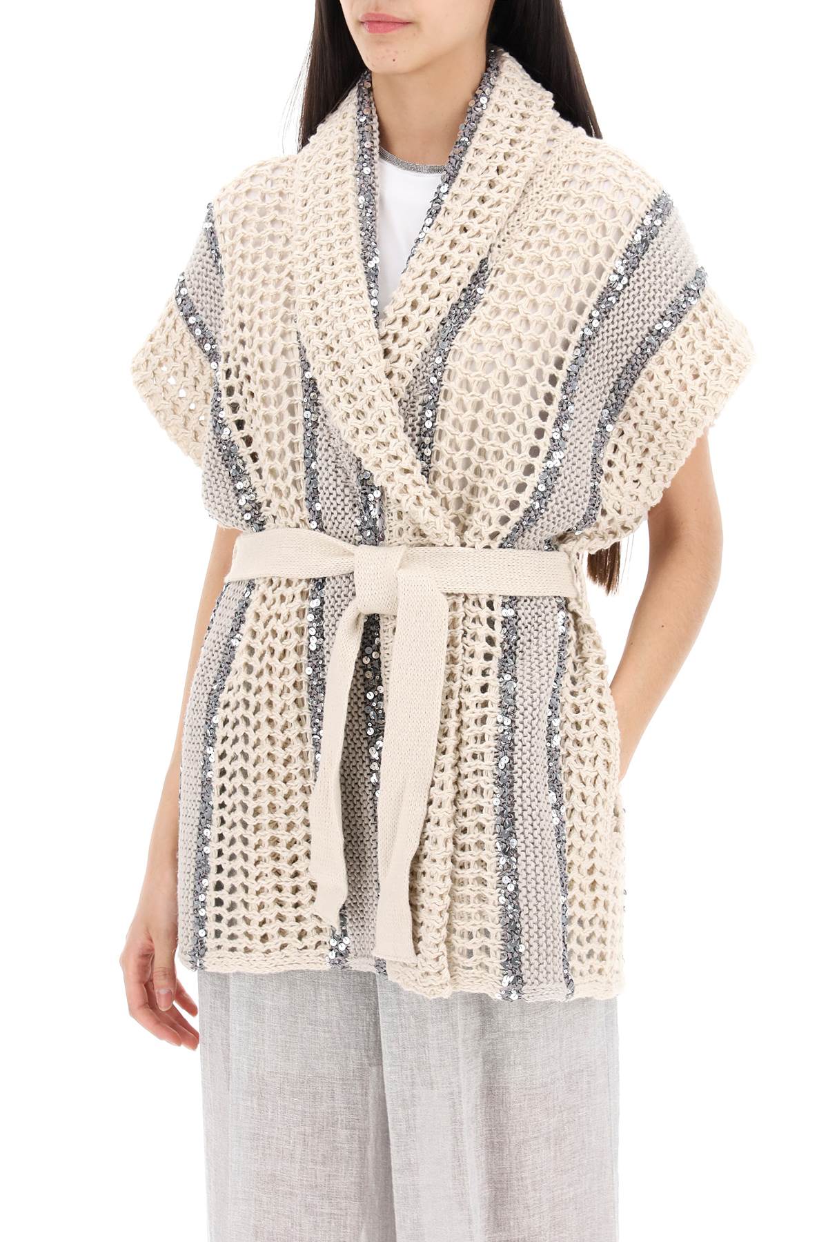 Brunello Cucinelli Replace With Double Quotedazzling Stripe Cardigan With   Neutral