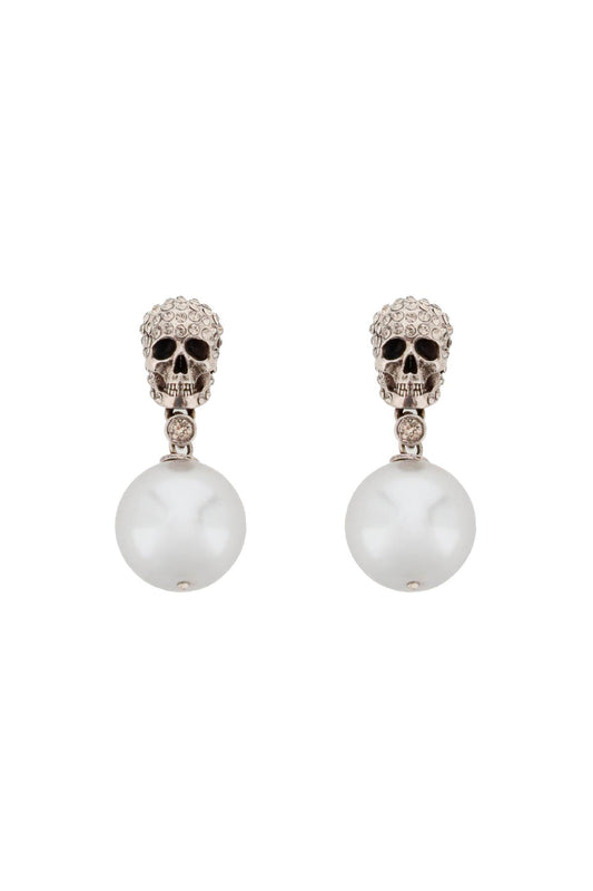 Alexander Mcqueen Pearl Skull Earrings With Crystal Pavé   Argento